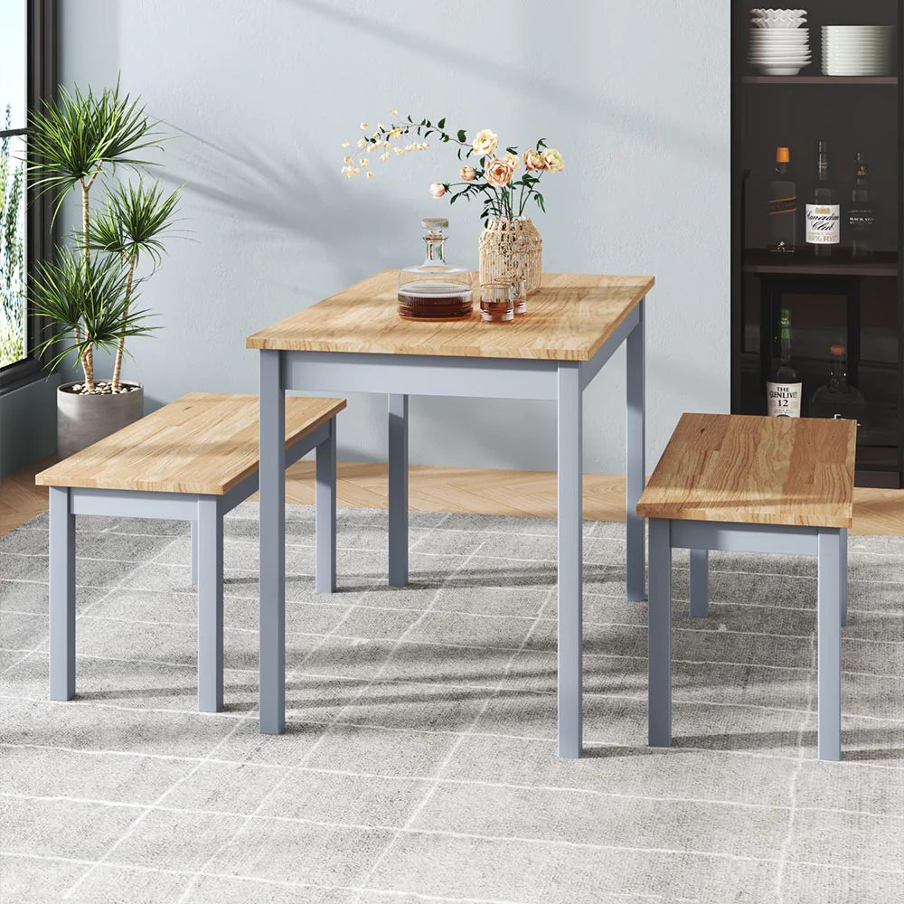 Livingandhome 3 Piece Modern Wood Dining Table and Benches Set