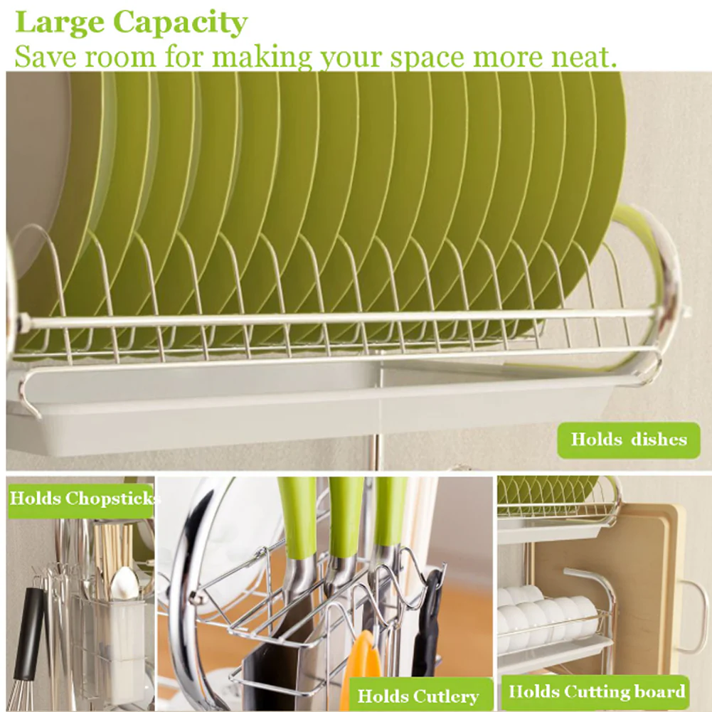 Livingandhome 3-Tier Dish Drainer Rack with Drip Tray & Cutting Board Holder - Image 4