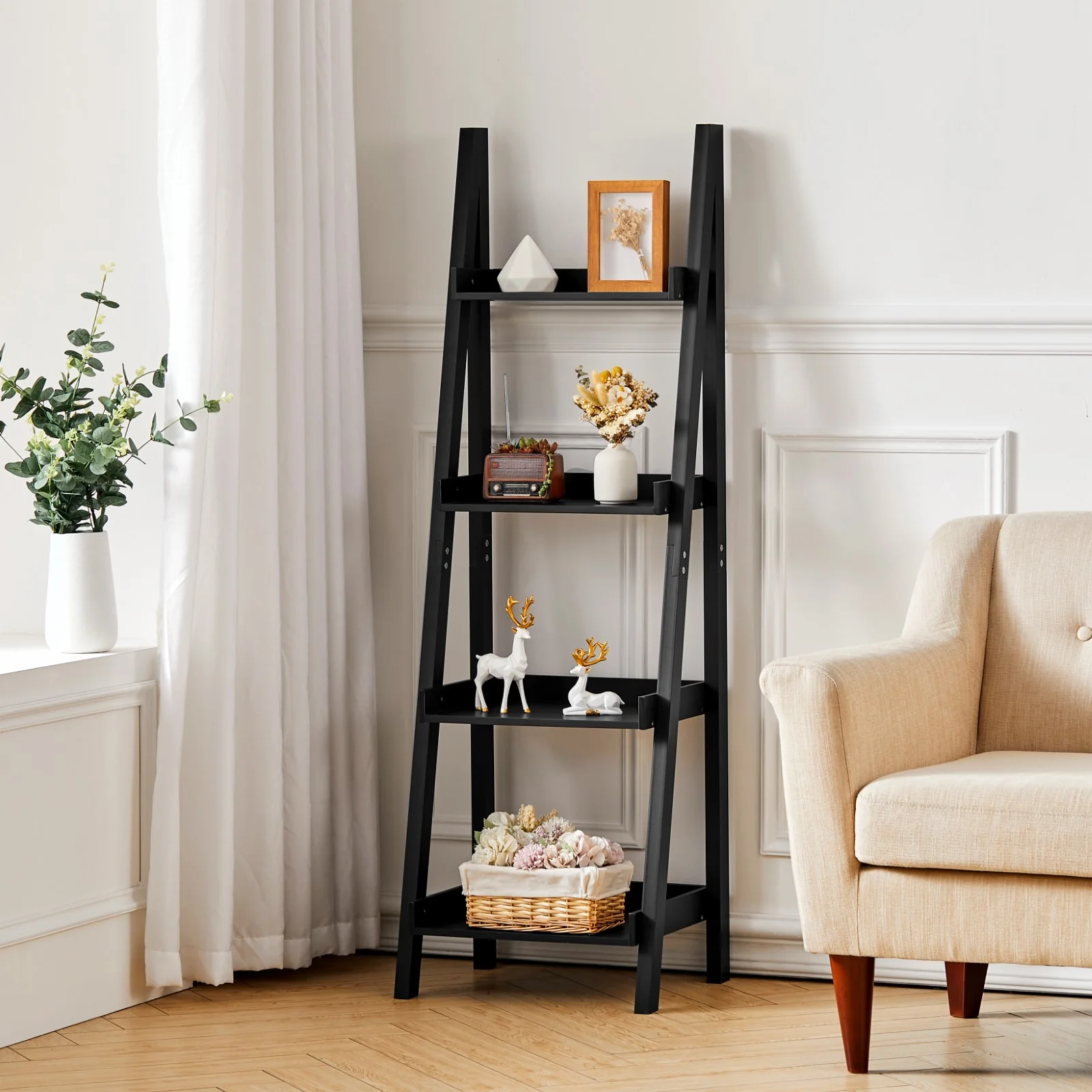 Livingandhome 4-Tier Wooden Display Ladder Shelf For Home