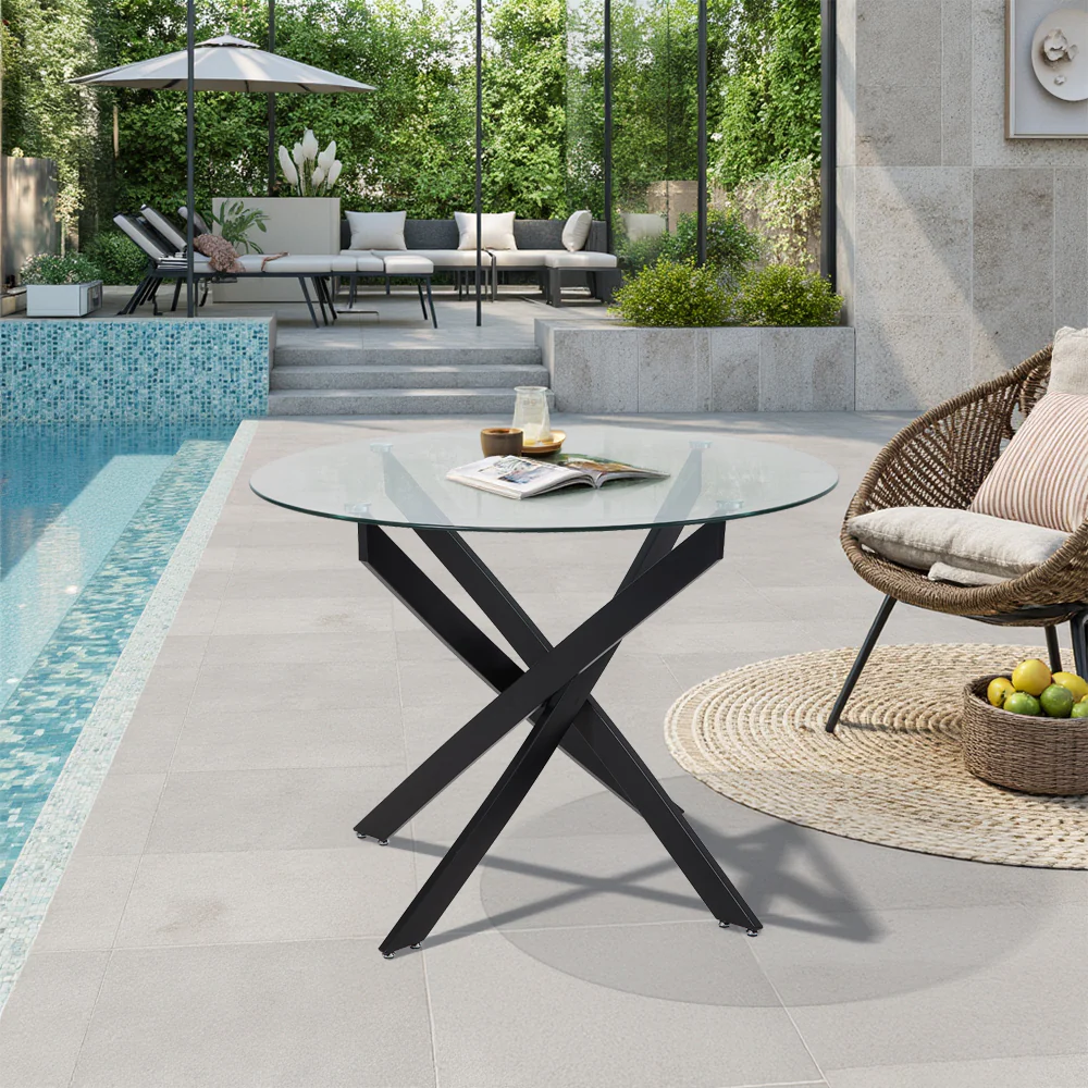 Livingandhome 80cm Round Dining Table with Metal Black Legs