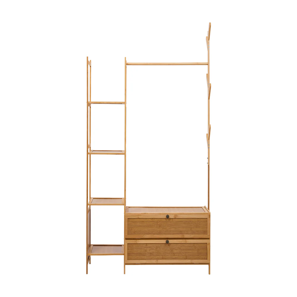 Livingandhome 81cm Multi-functional Wooden Coat Rack with Storage Drawers - Image 2