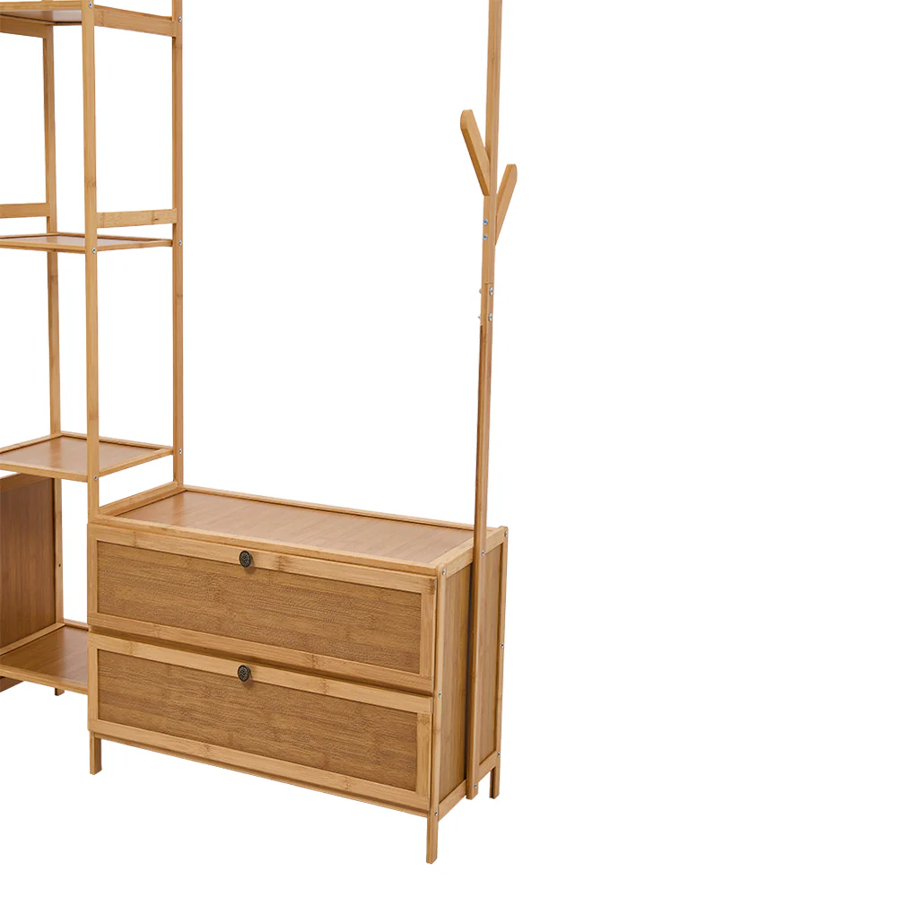 Livingandhome 81cm Multi-functional Wooden Coat Rack with Storage Drawers - Image 5