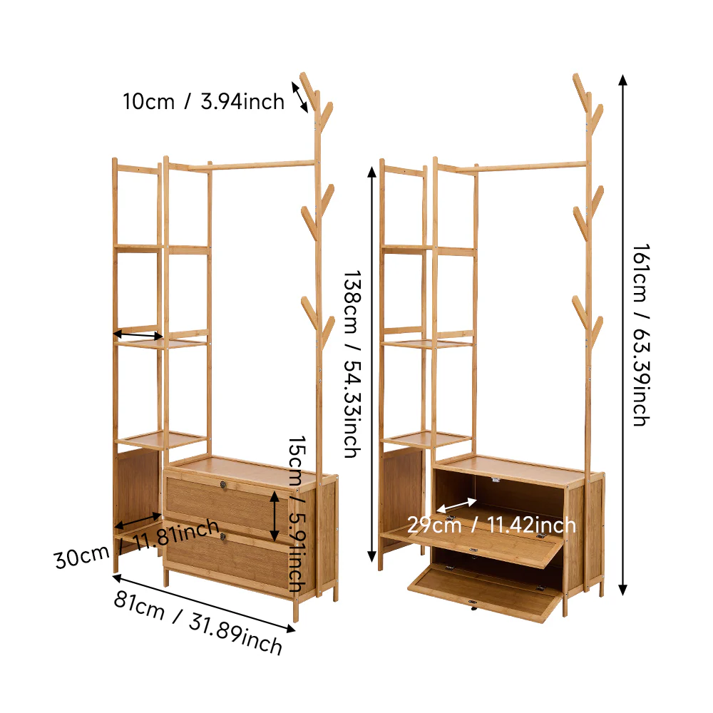 Livingandhome 81cm Multi-functional Wooden Coat Rack with Storage Drawers - Image 7