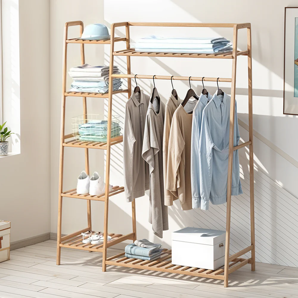 Livingandhome Bamboo Bedroom Garment Clothes Rack Natural 110cm