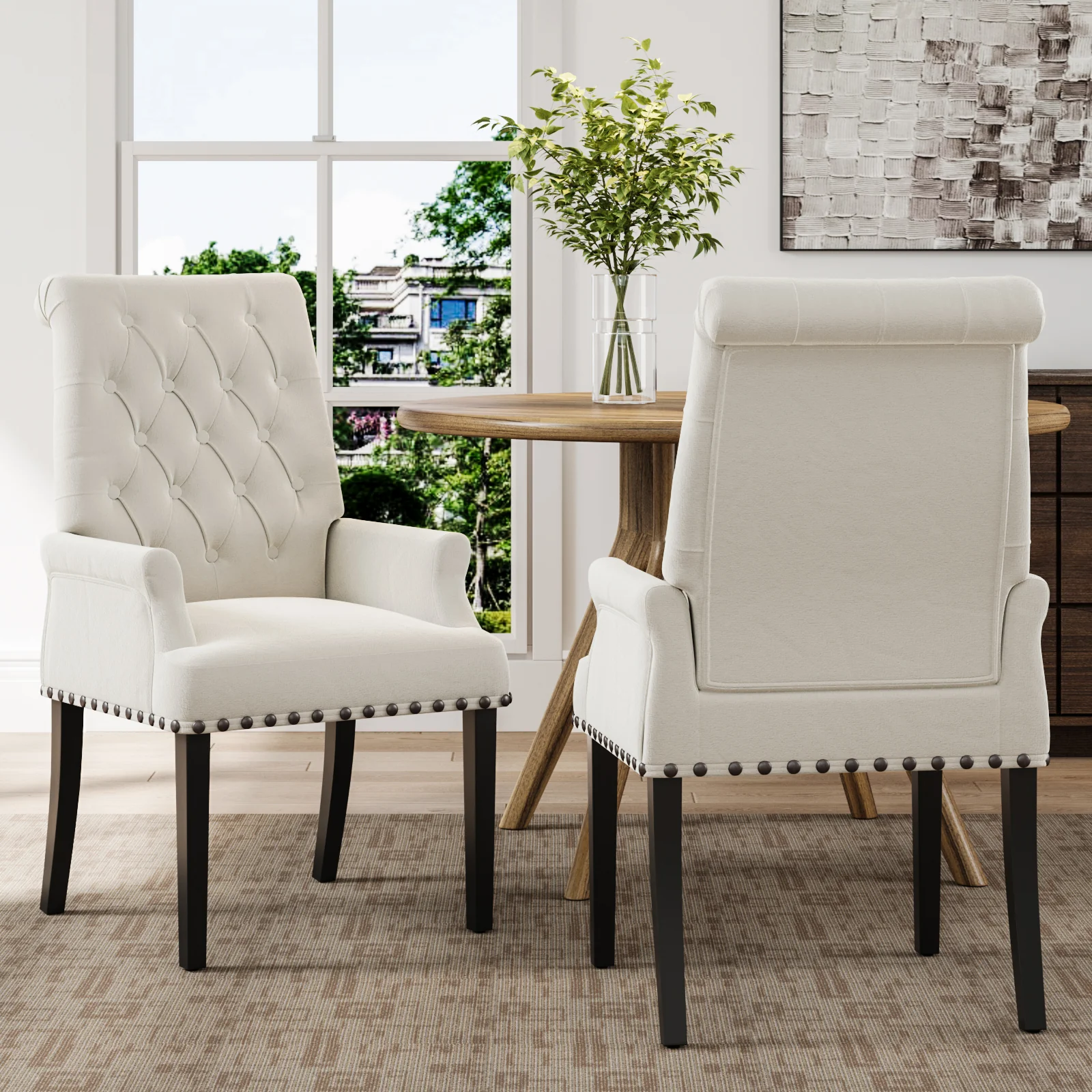 Livingandhome Beige Linen Upholstered Dining Chair - Image 2