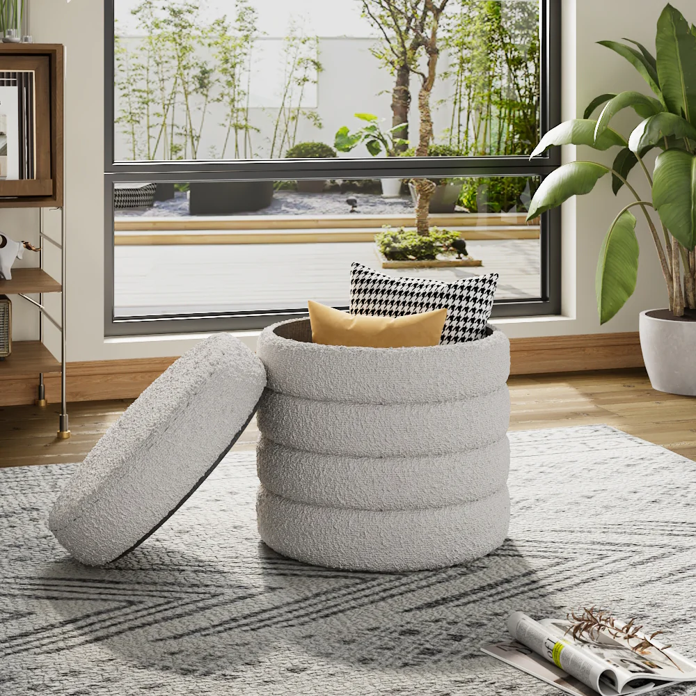 Livingandhome Beige Upholstered Round Storage Ottoman - Image 2