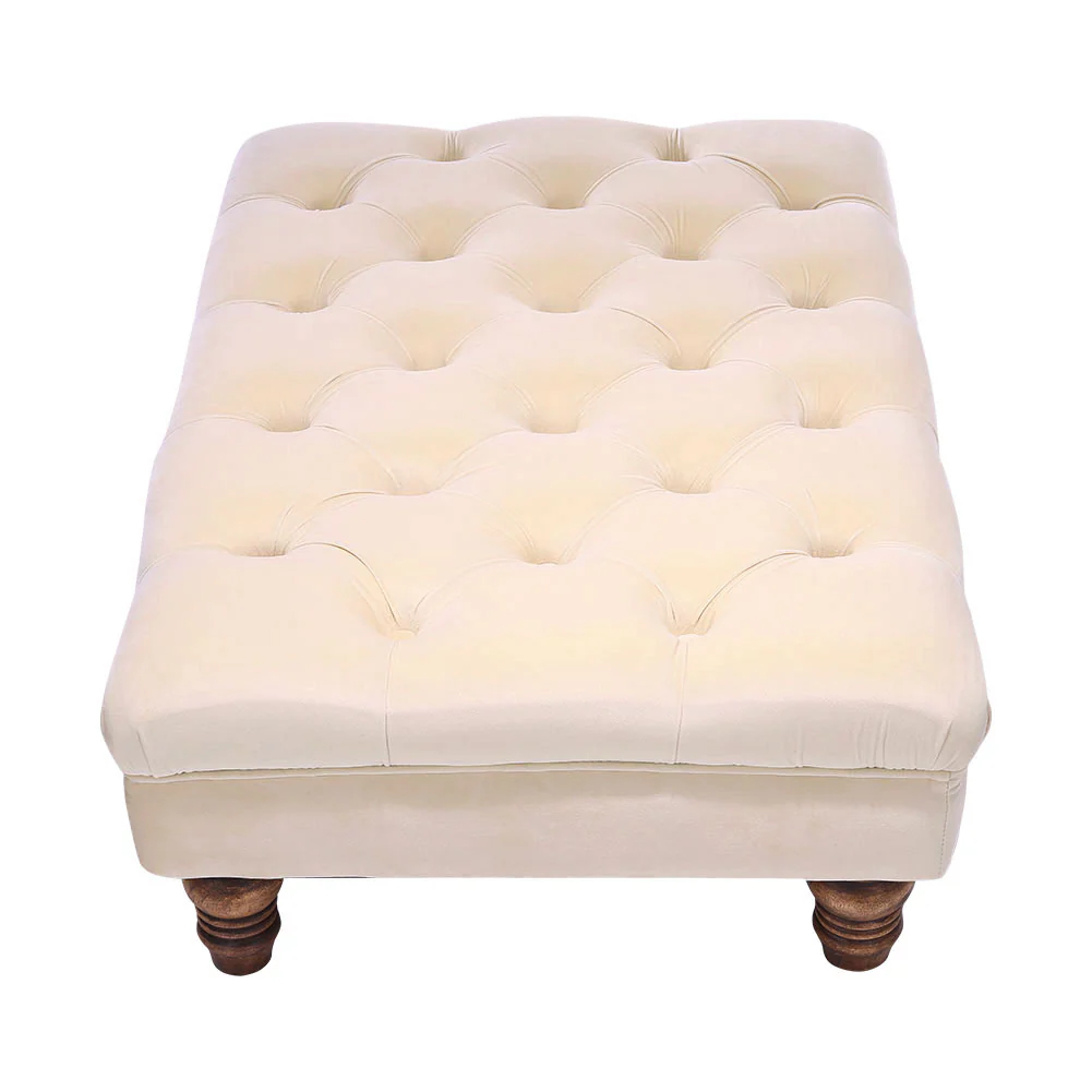 Livingandhome Beige Velvet Ottoman with Gourd Wooden Legs - Image 3