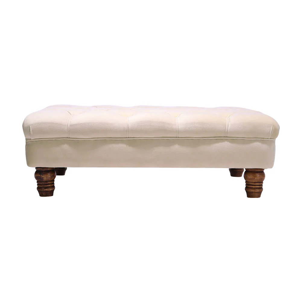 Livingandhome Beige Velvet Ottoman with Gourd Wooden Legs - Image 4