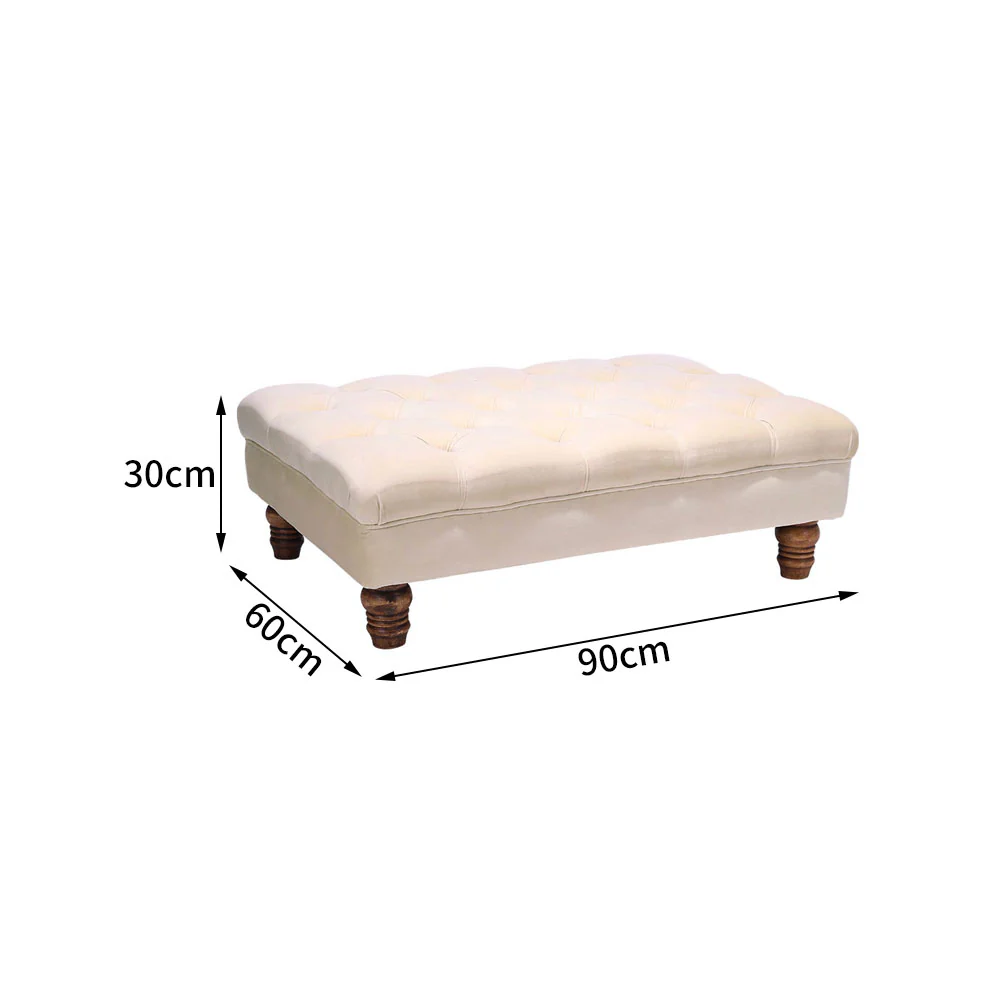 Livingandhome Beige Velvet Ottoman with Gourd Wooden Legs - Image 5
