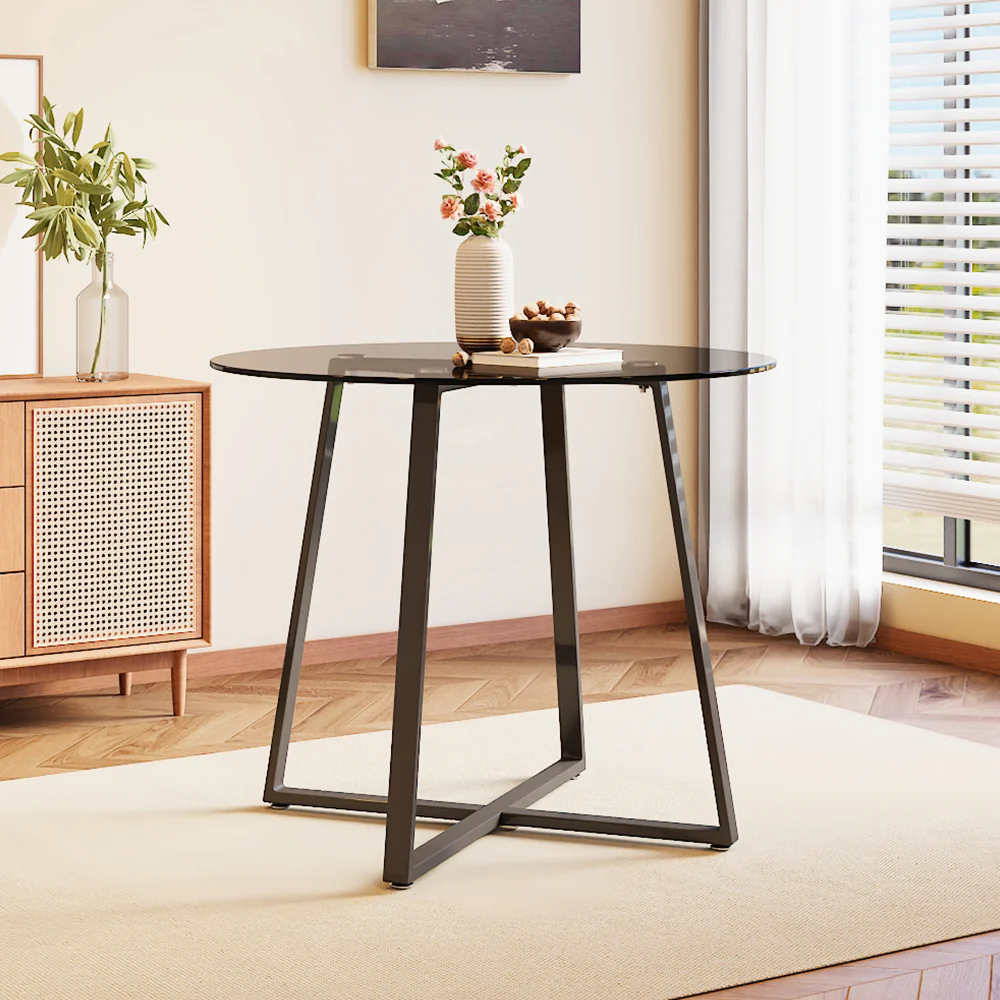 Livingandhome Black Tempered Glass Round Dining Table - Image 2