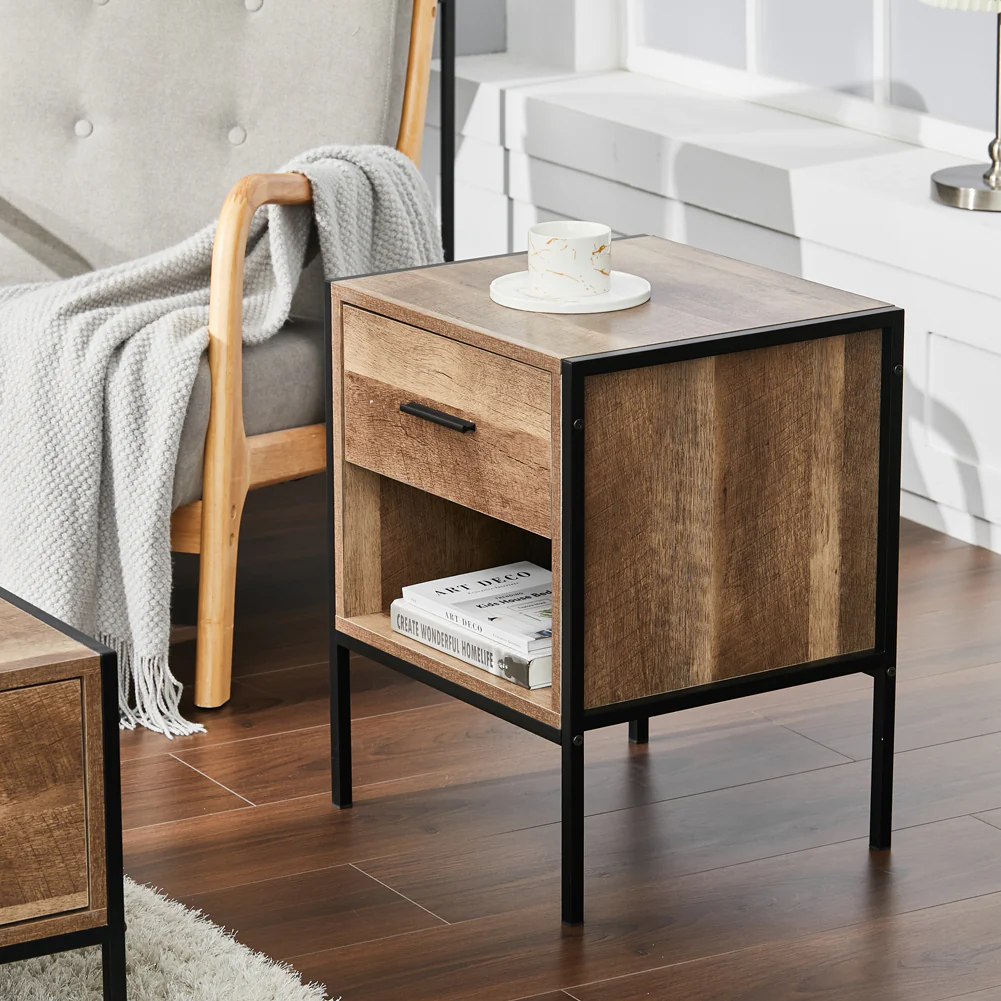 Livingandhome Brown Wooden Bedside Table Single Drawer - Image 2