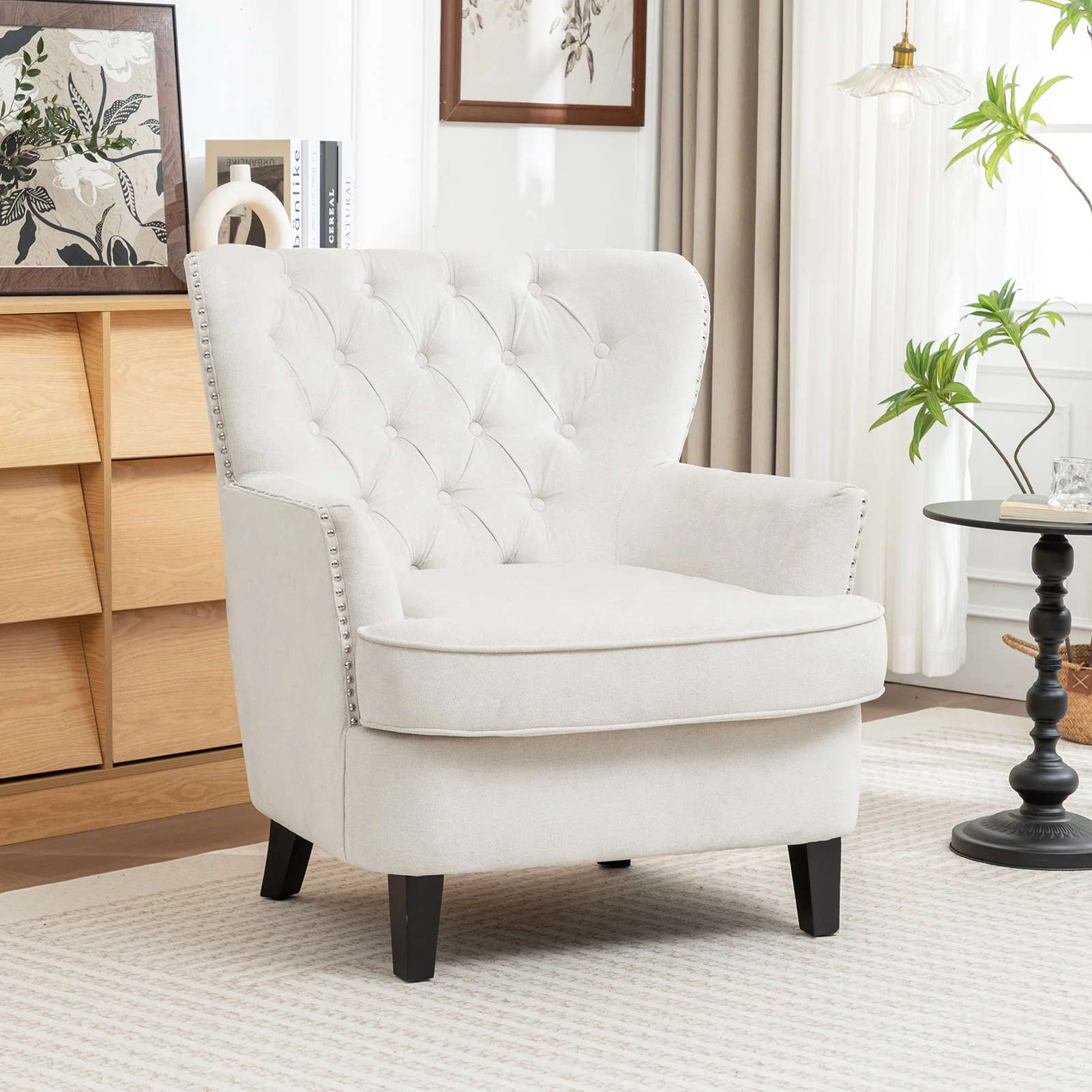 Livingandhome Classic Buttoned Back Linen Armchair with Wooden Legs - Image 2