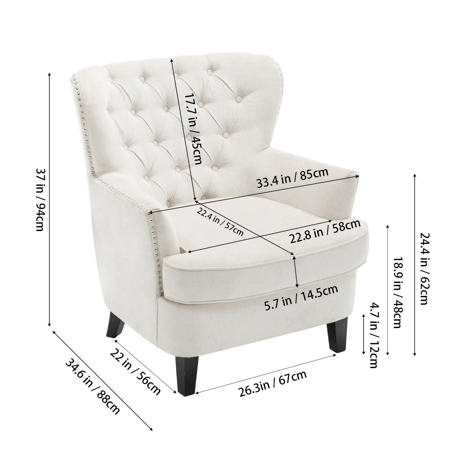 Livingandhome Classic Buttoned Back Linen Armchair with Wooden Legs - Image 7