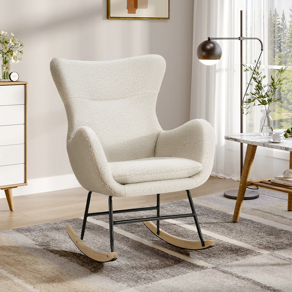 Livingandhome Comfy White Sherpa Rocking Chair with Armrests - Image 2