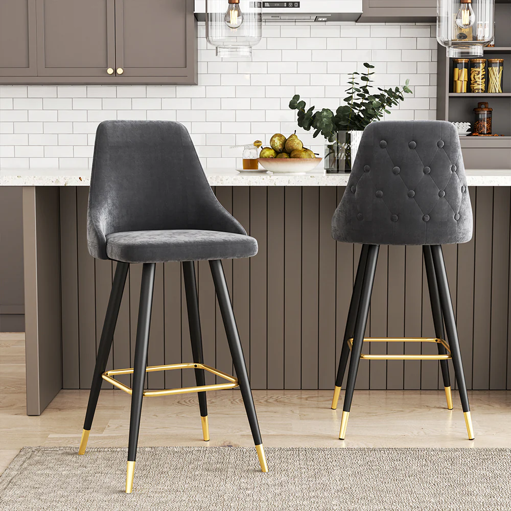Livingandhome Contemporary Velvet Bar Stools With Metal Legs - Image 2