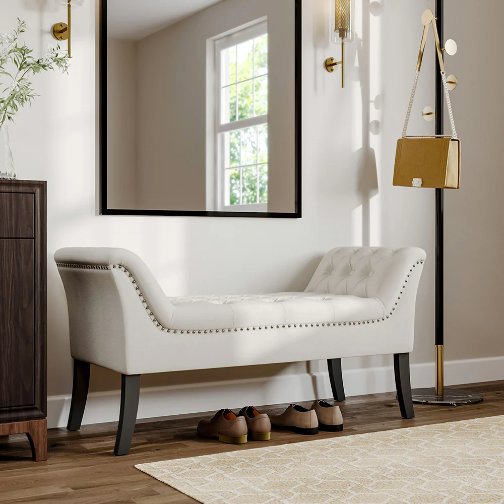 Livingandhome Contemporary Velvet Buttoned Bench With Black Wood Legs - Image 2