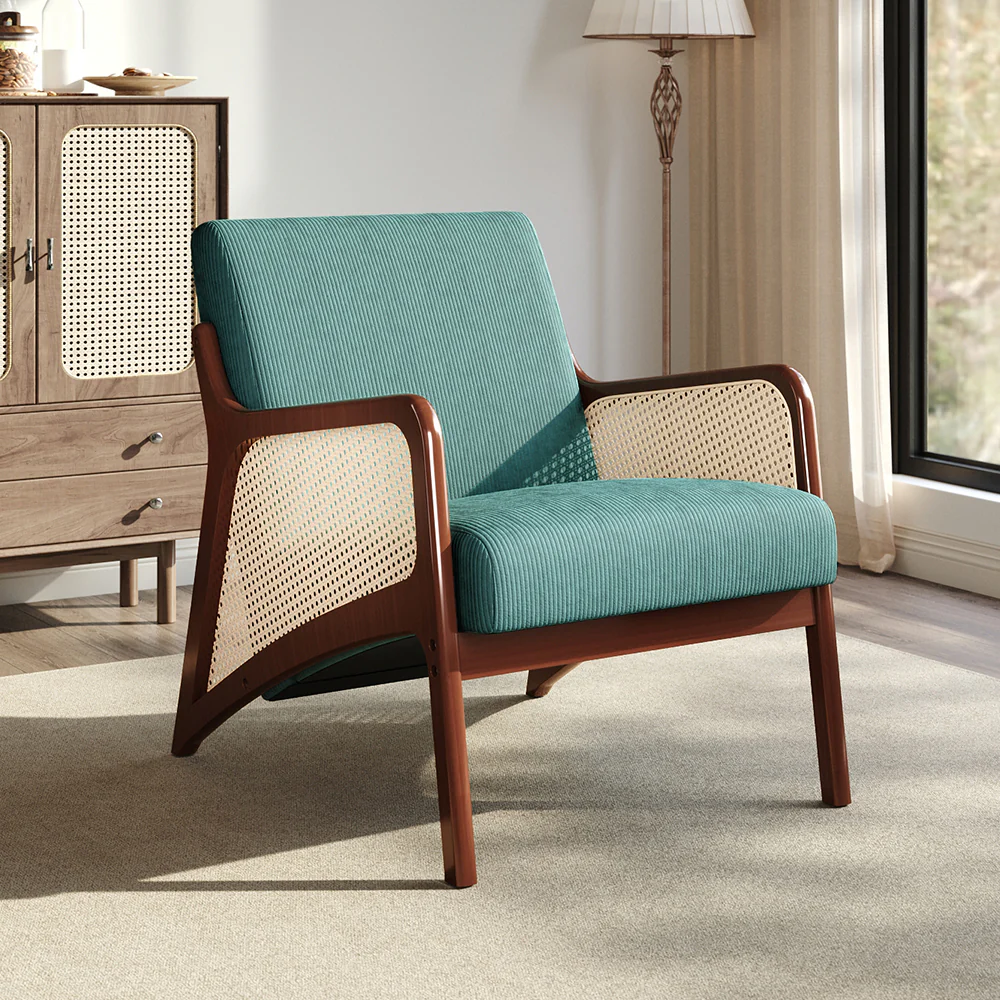 Livingandhome Corduroy Upholstered Armchair With Rattan Sides