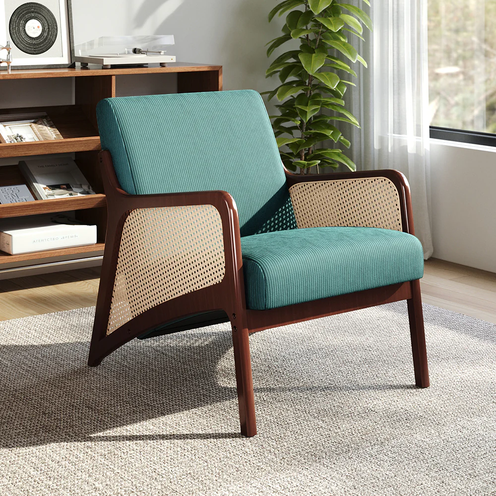 Livingandhome Corduroy Upholstered Armchair With Rattan Sides - Image 2