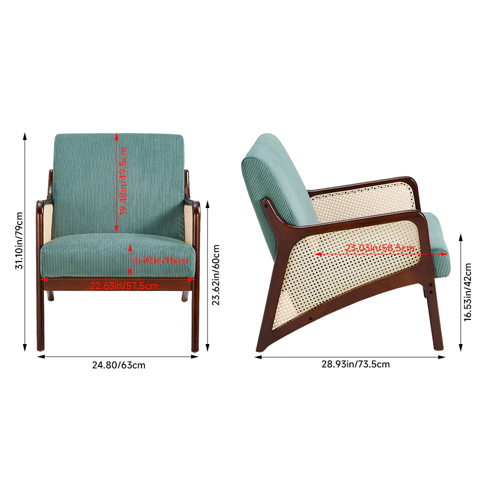 Livingandhome Corduroy Upholstered Armchair With Rattan Sides - Image 3