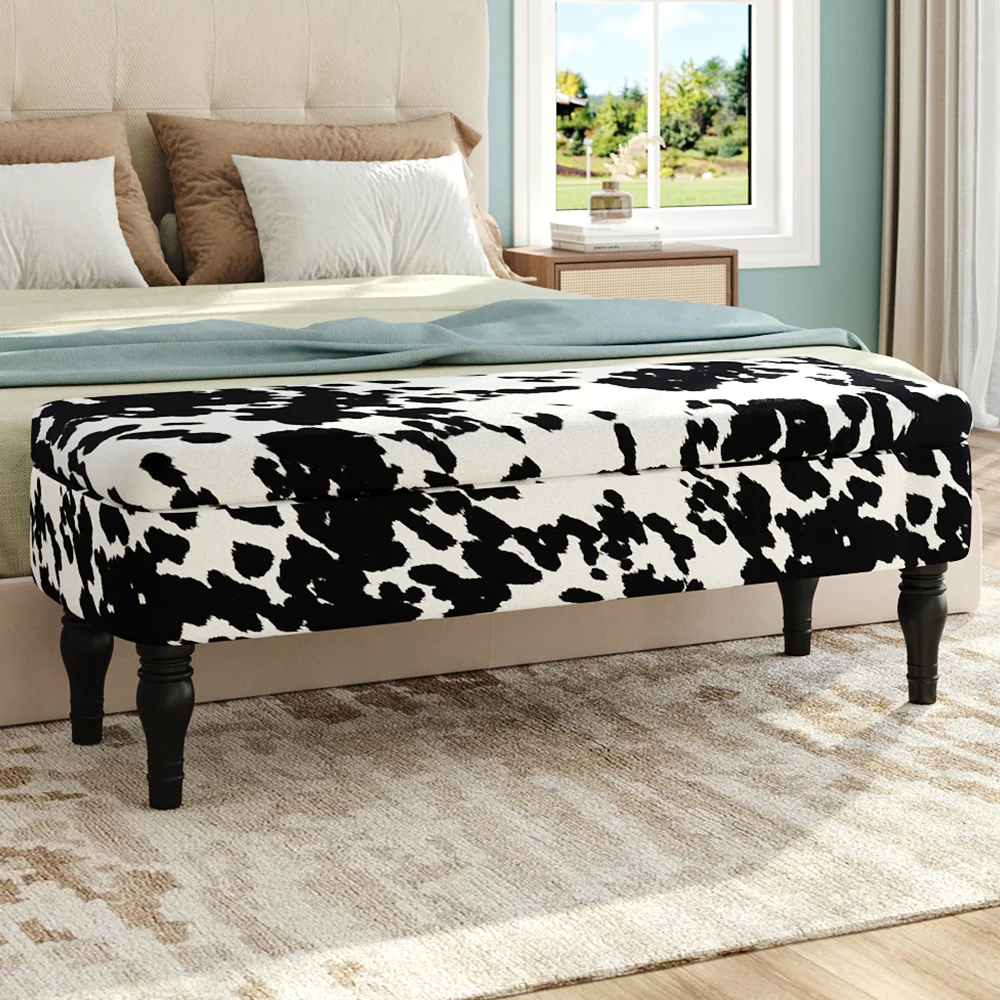 Livingandhome Cow Print Velvet Upholstered Storage Bench - Image 2