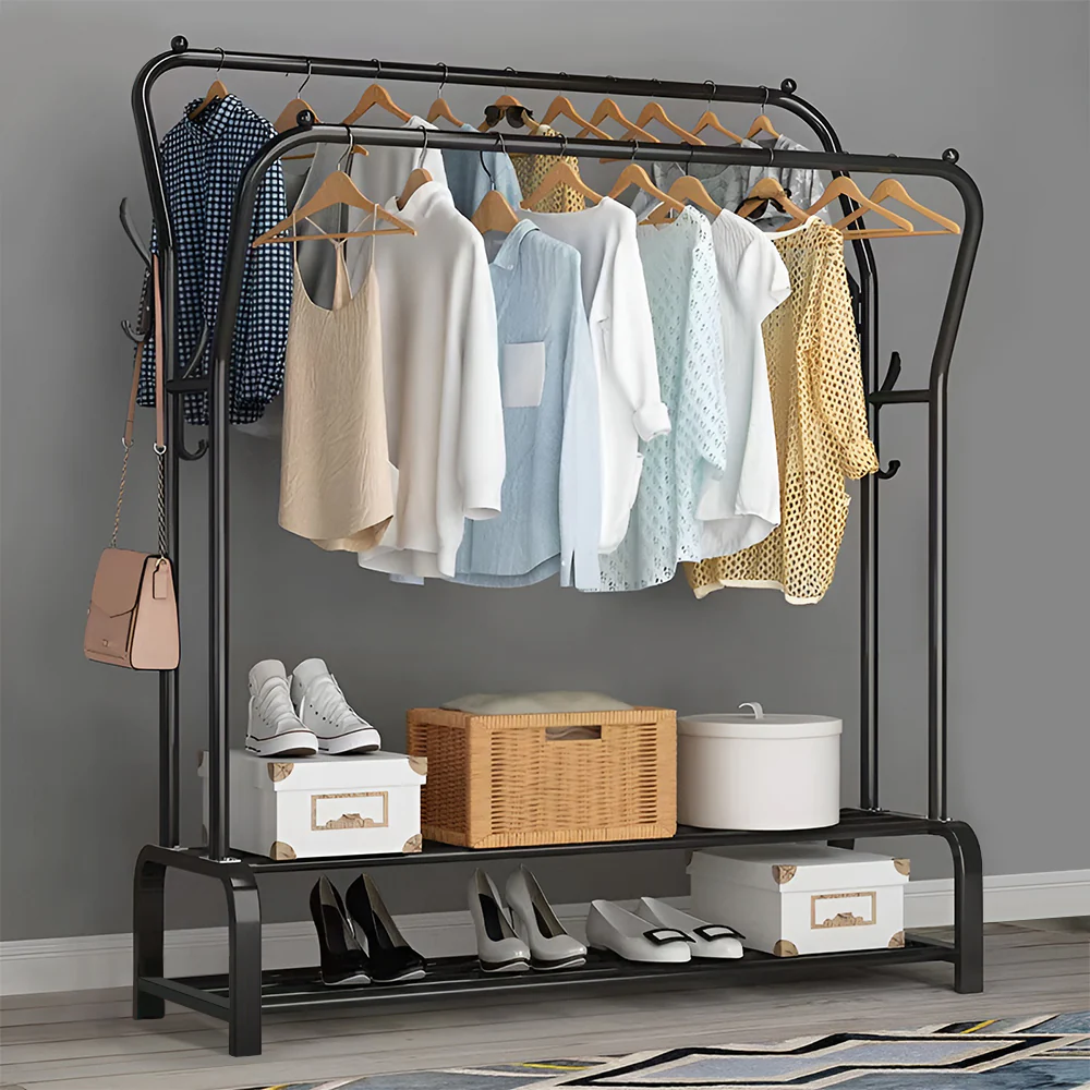 Livingandhome Double-Rod Metal Clothes Rack with Hooks