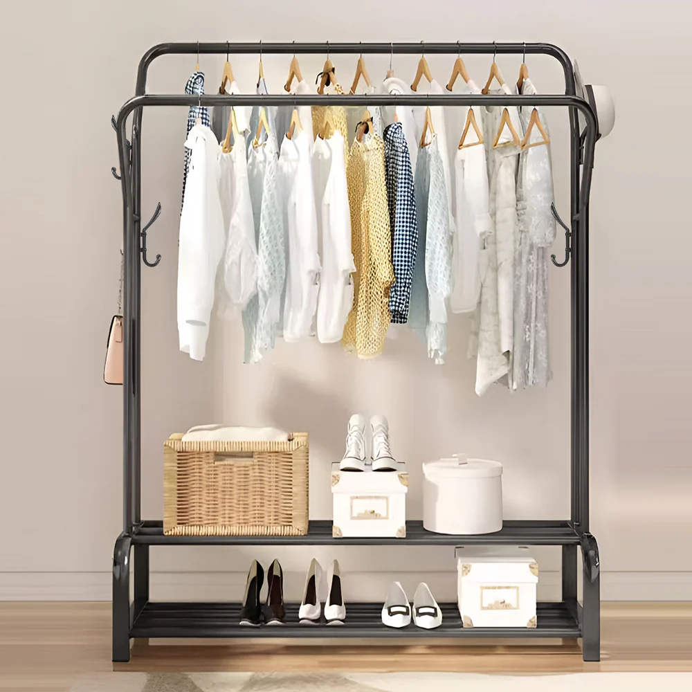 Livingandhome Double-Rod Metal Clothes Rack with Hooks - Image 2