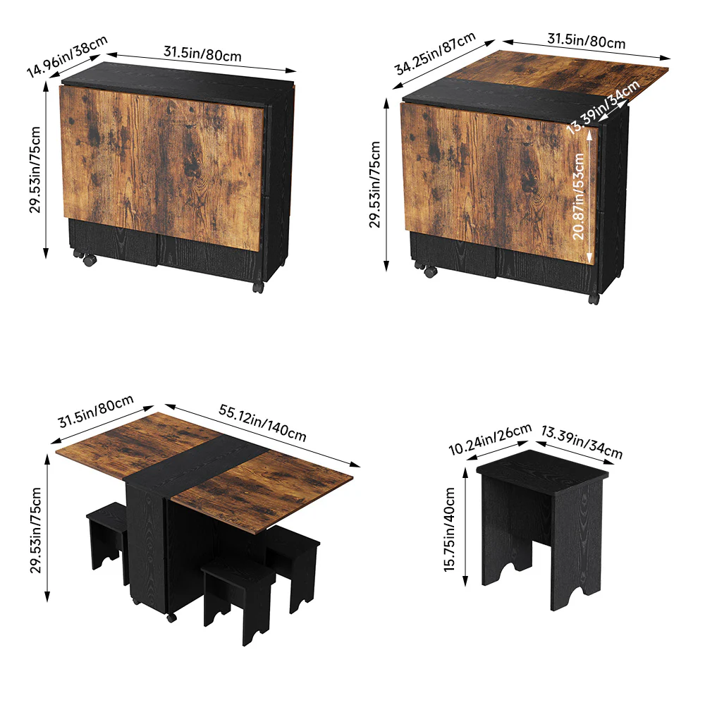 Livingandhome Folding Dining Table Set With 4 Stools - Image 7