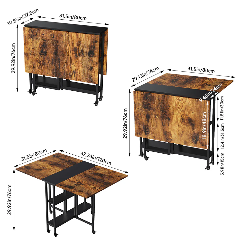 Livingandhome Folding Dining Table With Wheels And Storage Shelves - Image 7