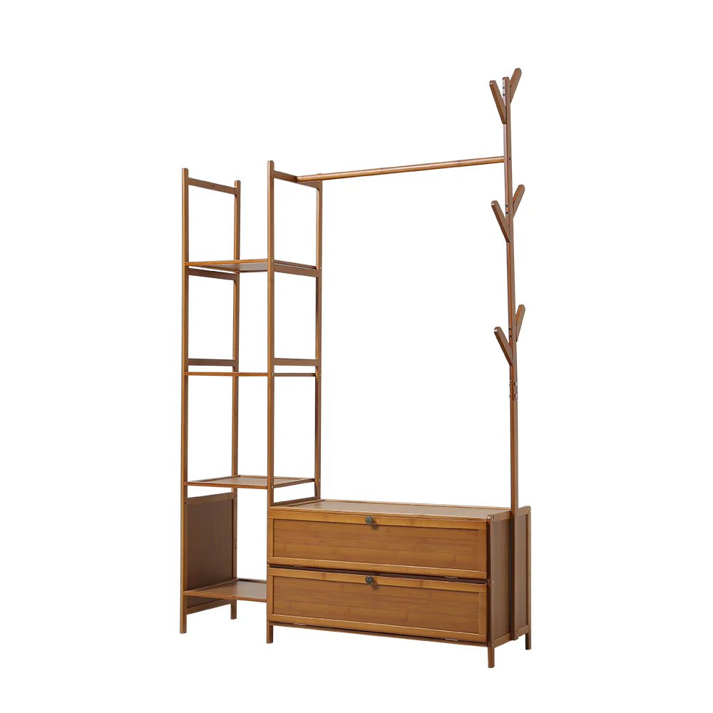 Livingandhome Freestanding Bamboo Clothes Rack with Storage Shelves - Image 5