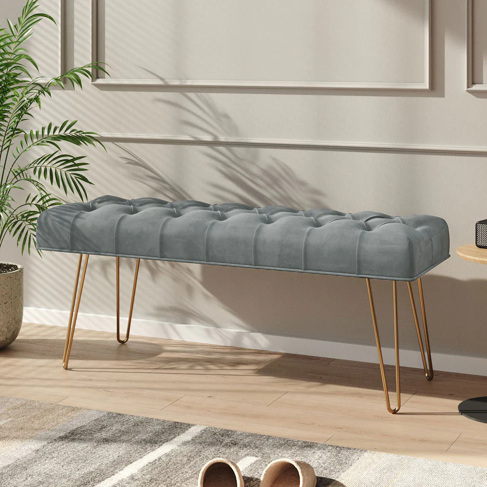 Livingandhome Gold Hairpin Leg Velvet Bench - Image 2