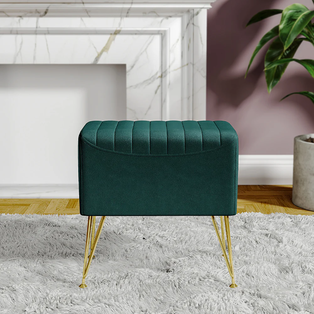 Livingandhome Green Velvet Channel Pattern Stool - Image 2