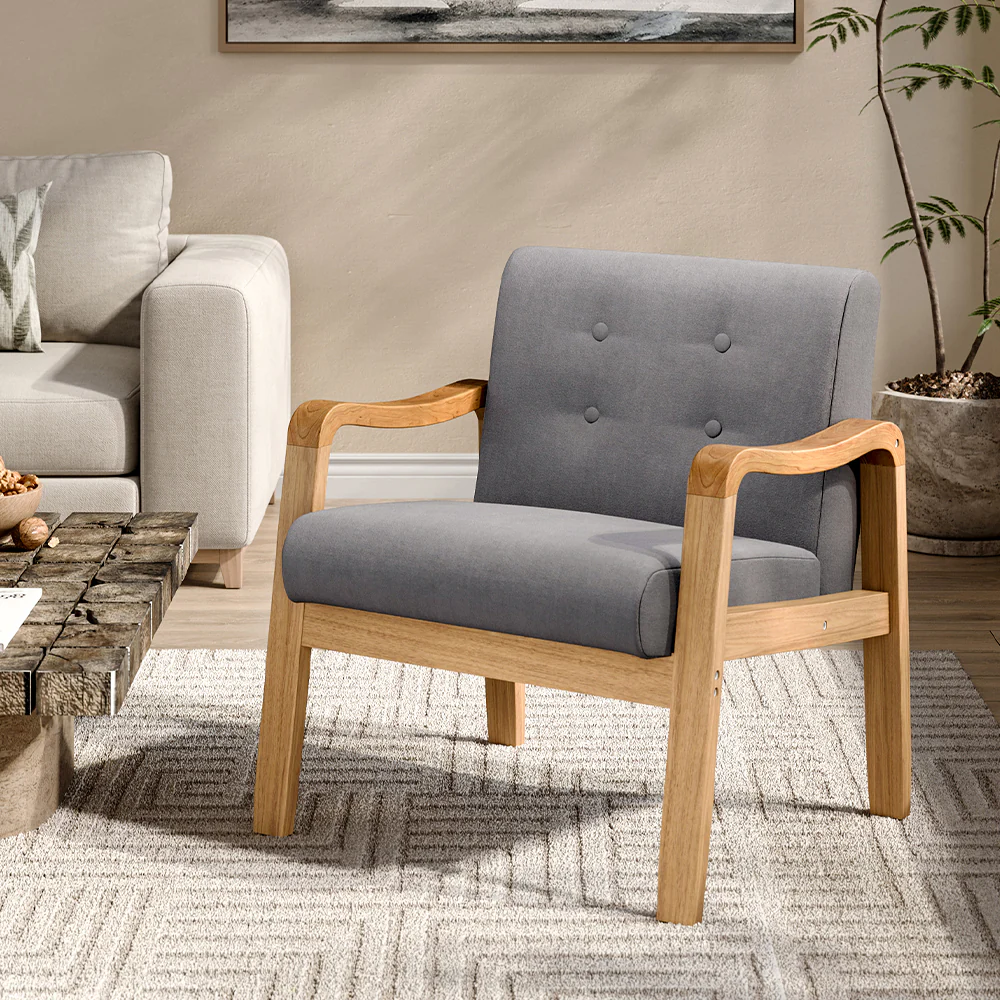 Livingandhome Grey Fabric Armchair with Rubberwood Legs - Image 2