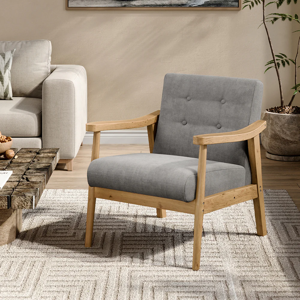 Livingandhome Grey Fabric Armchair with Wooden Frame - Image 2