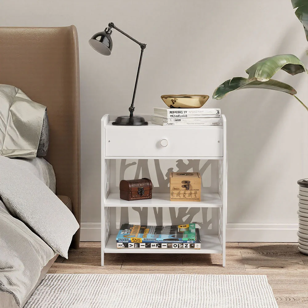 Livingandhome Hollow Carved Bird Pattern Side Table Nightstand with Drawer for Bedroom - Image 2
