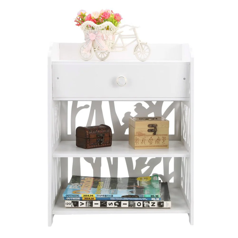 Livingandhome Hollow Carved Bird Pattern Side Table Nightstand with Drawer for Bedroom - Image 3