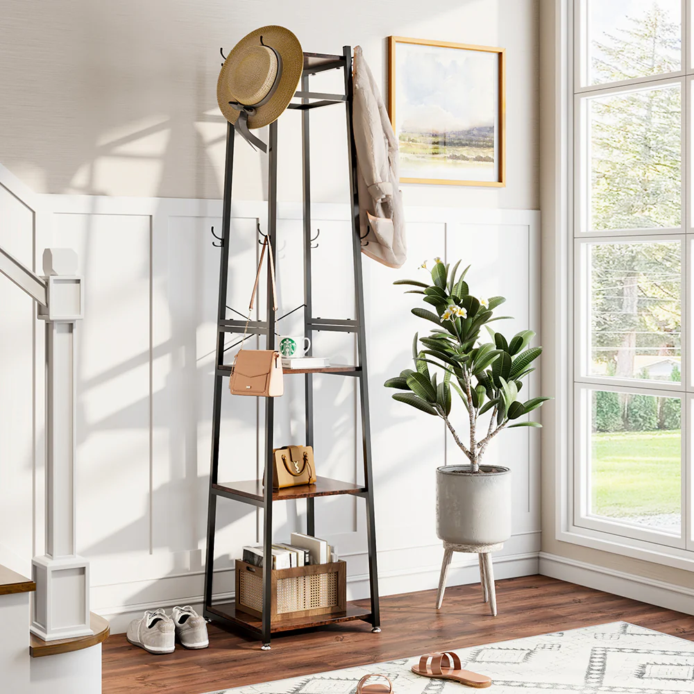 Livingandhome Industrial Style Clothing Rack With 4 Tiers Of Shelves - Image 2