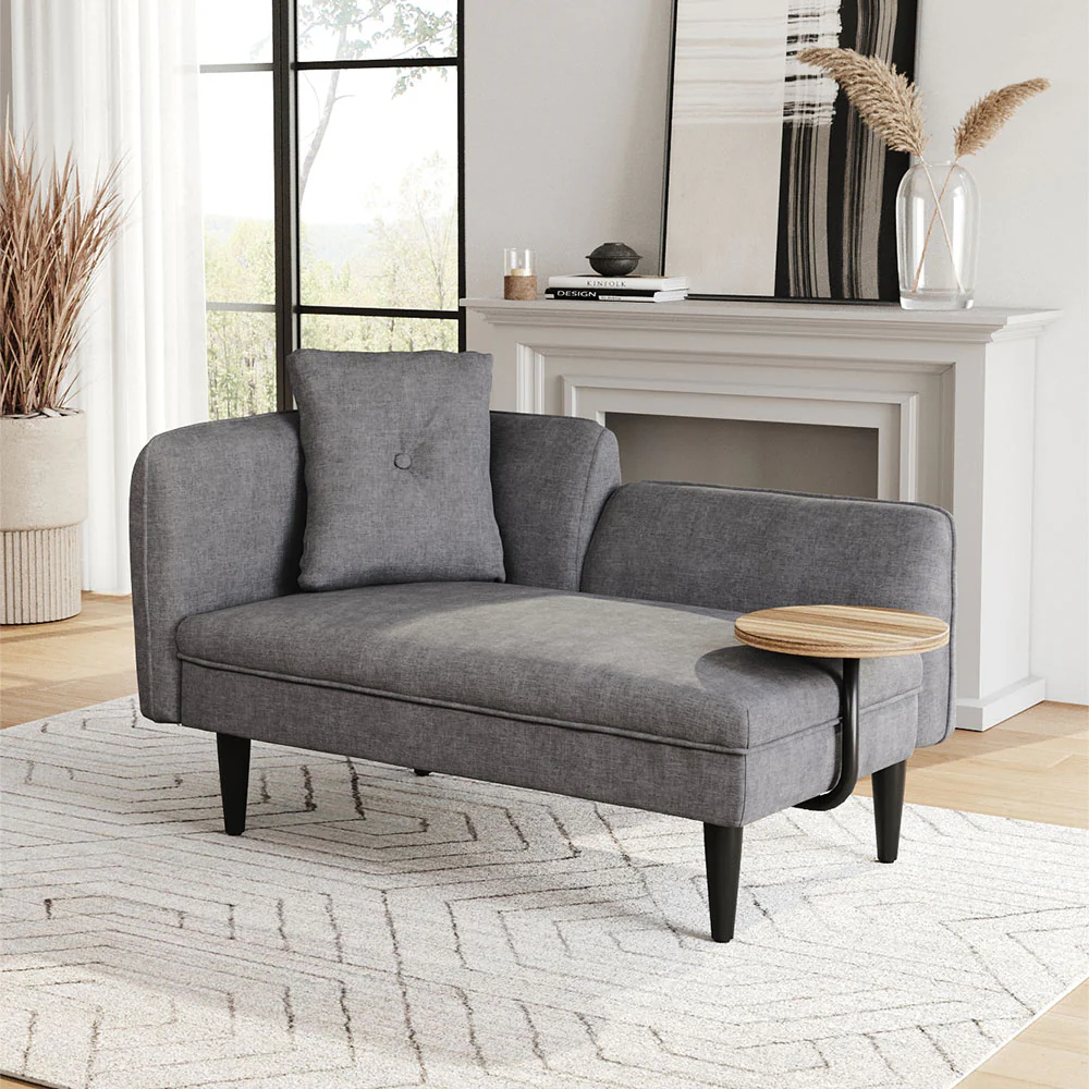 Livingandhome Linen Chaise Lounge with Tray Table - Image 2
