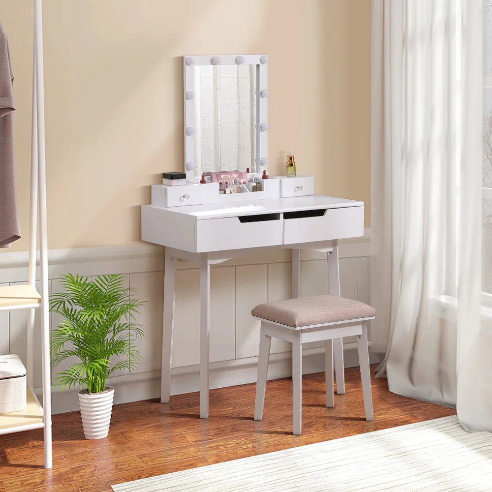 Livingandhome MDF Vanity Table With Storage Drawers And Padded Stool
