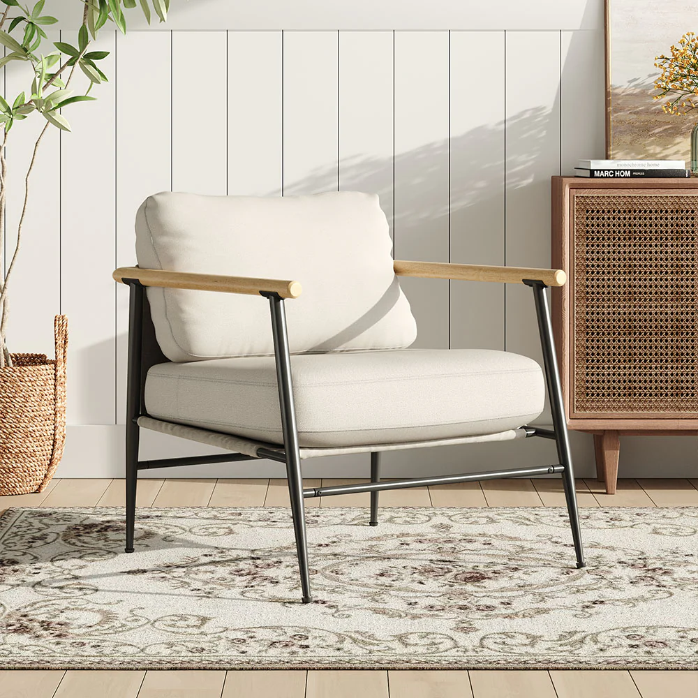 Livingandhome Metal and Wood Frame Linen Armchair - Image 2