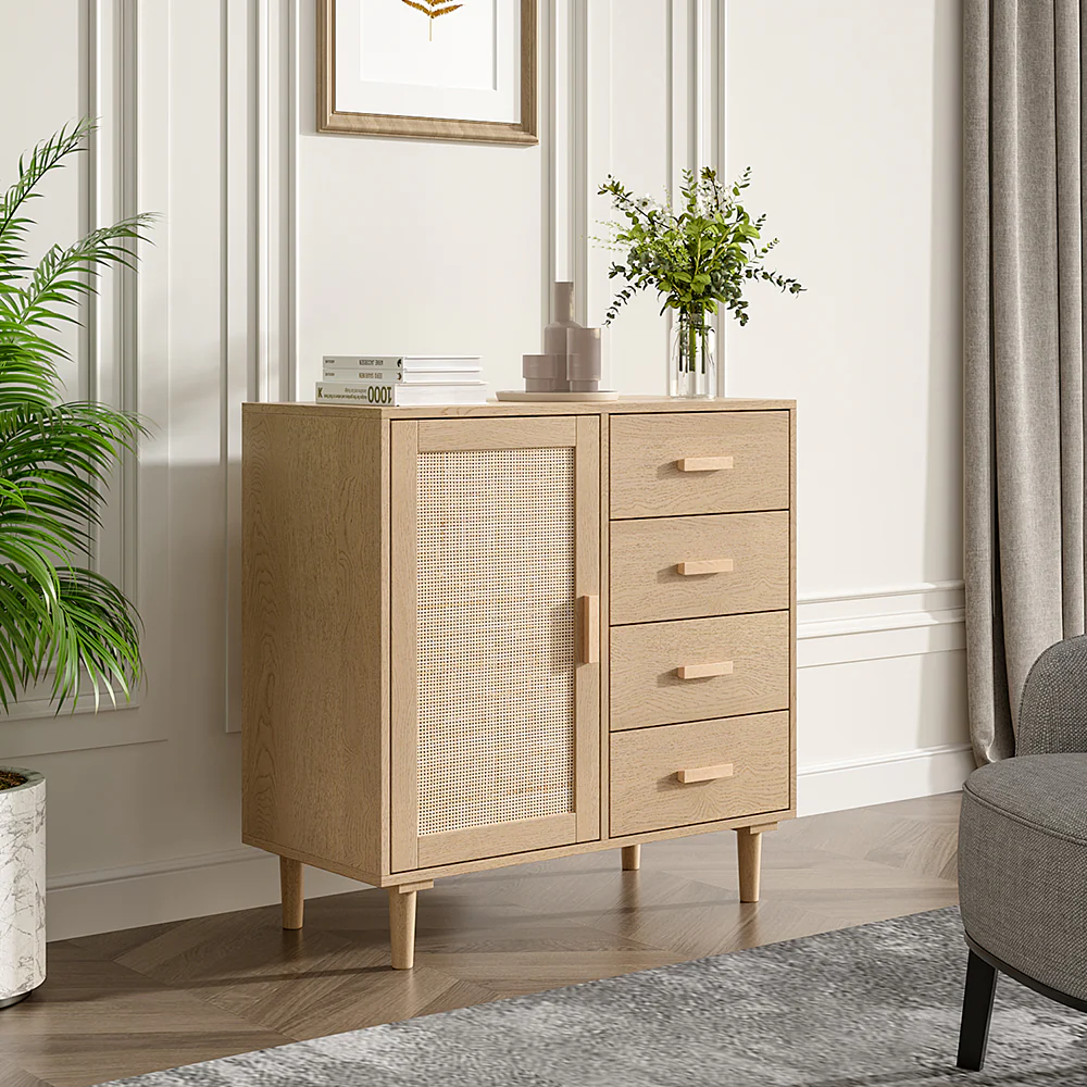 Livingandhome Minimalist Wooden Cabinet With Rattan Accent
