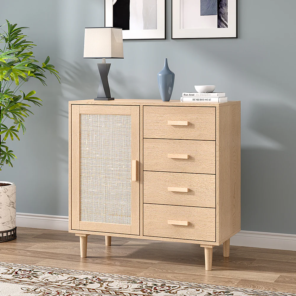 Livingandhome Minimalist Wooden Cabinet With Rattan Accent - Image 2