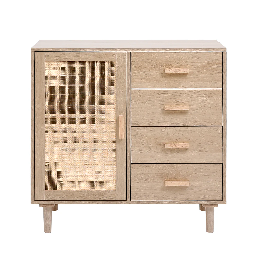 Livingandhome Minimalist Wooden Cabinet With Rattan Accent - Image 4