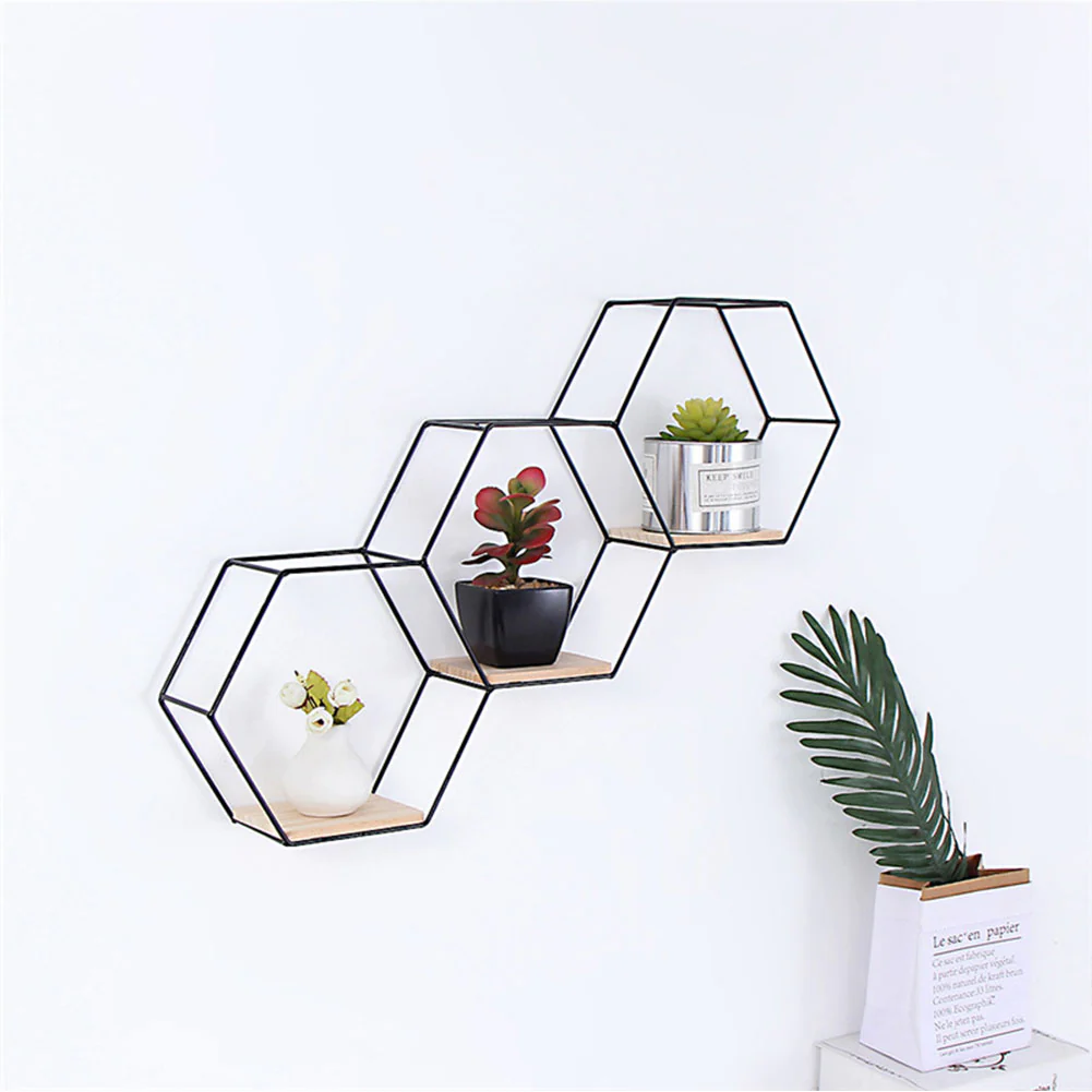 Livingandhome Modern Hexagon Wall Shelf with Iron Frame - Image 2