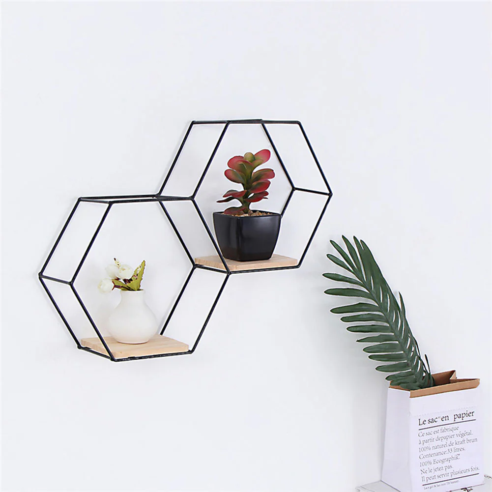 Livingandhome Modern Hexagon Wall Shelf with Iron Frame - Image 2