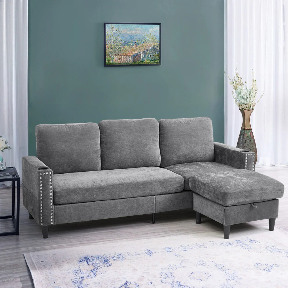 Livingandhome Modern Polyester Sofa with Footrest - Image 2