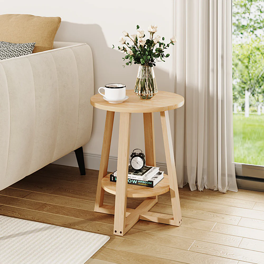 Livingandhome Natural Wood Round Side Table - Image 2