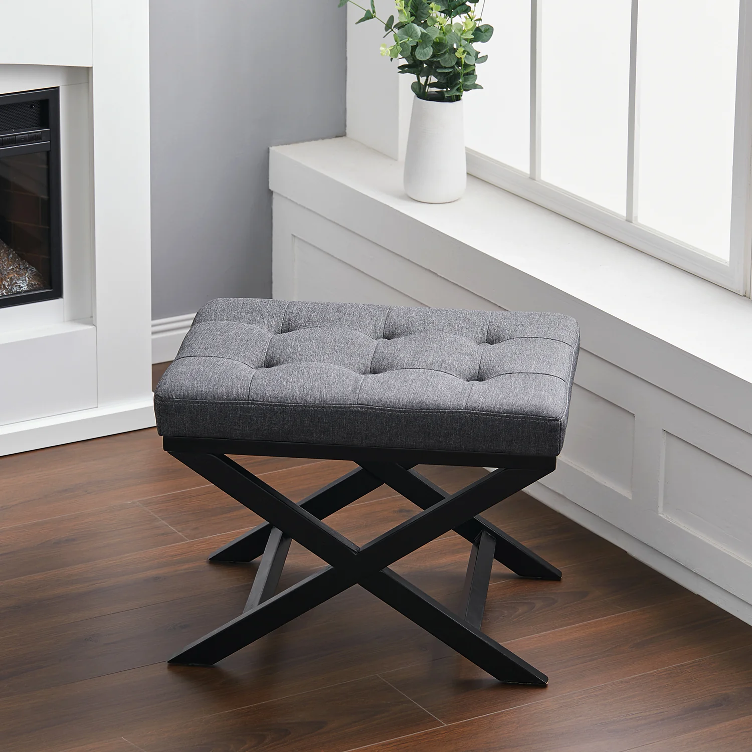 Livingandhome Rectangle Linen Footstool with Cross Legs - Image 2