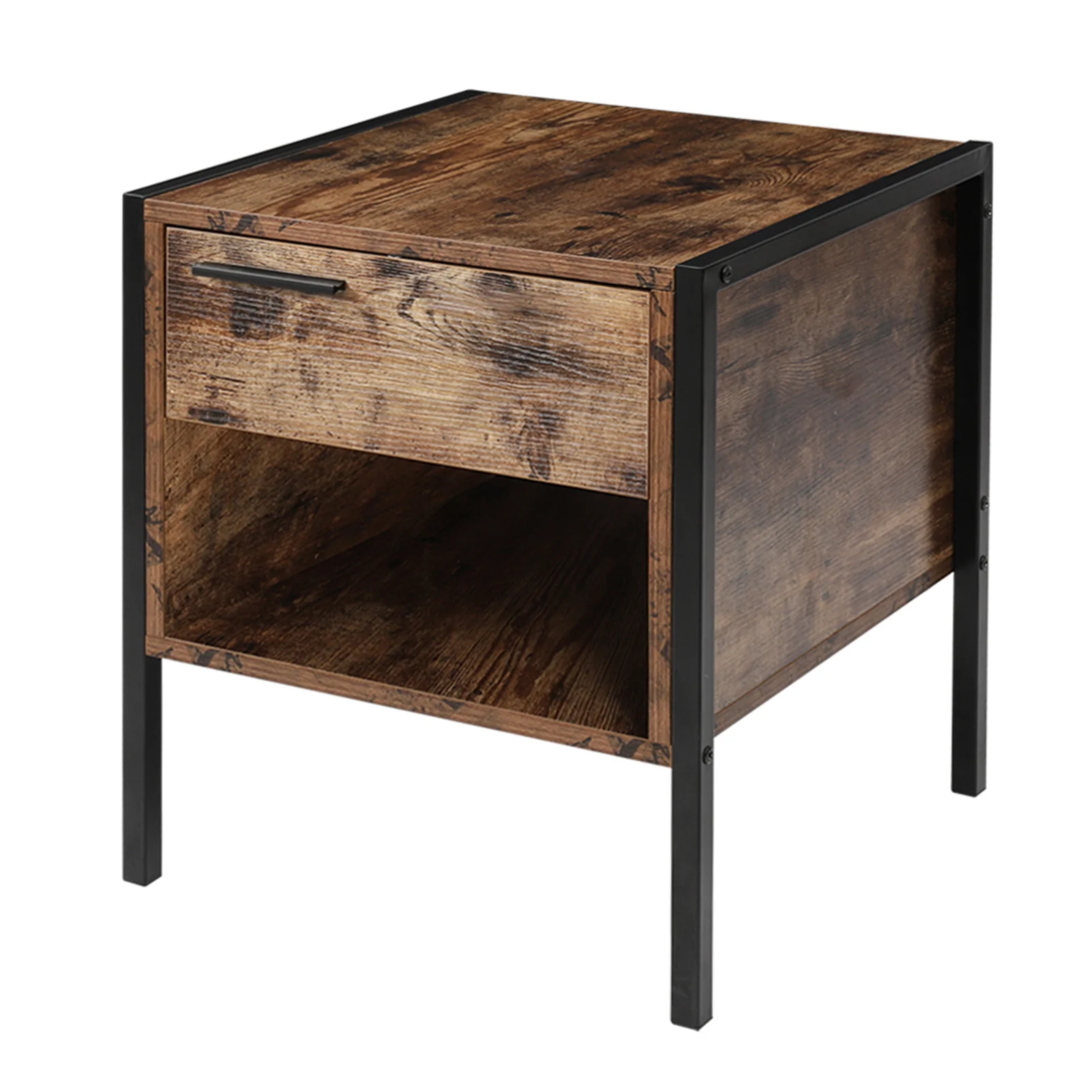 Livingandhome Retro Industrial-style Bedside Table Nightstand with Drawer & Open Front Storage Compartment - Image 4