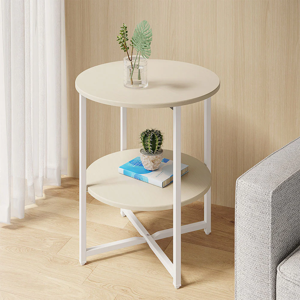Livingandhome Round Rustic Coffee Table With Shelf - Image 2