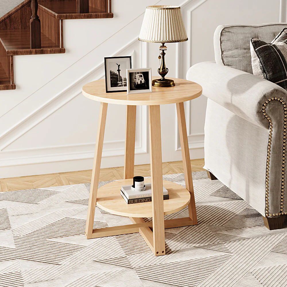 Livingandhome Round Side Table With Dual-Tier Storage